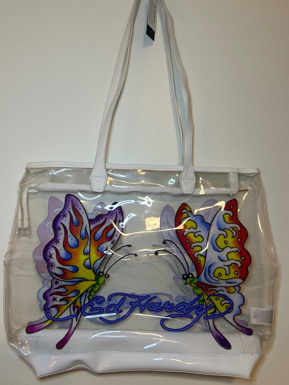 Ed Hardy White Trim Clear Tote with Multicolor Butterfly Motif